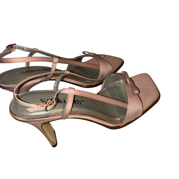 Sam‎ & Libby Womens 6M Marine Pink Satin Square Toe Bow Slingback Heels Retro - Picture 5 of 9